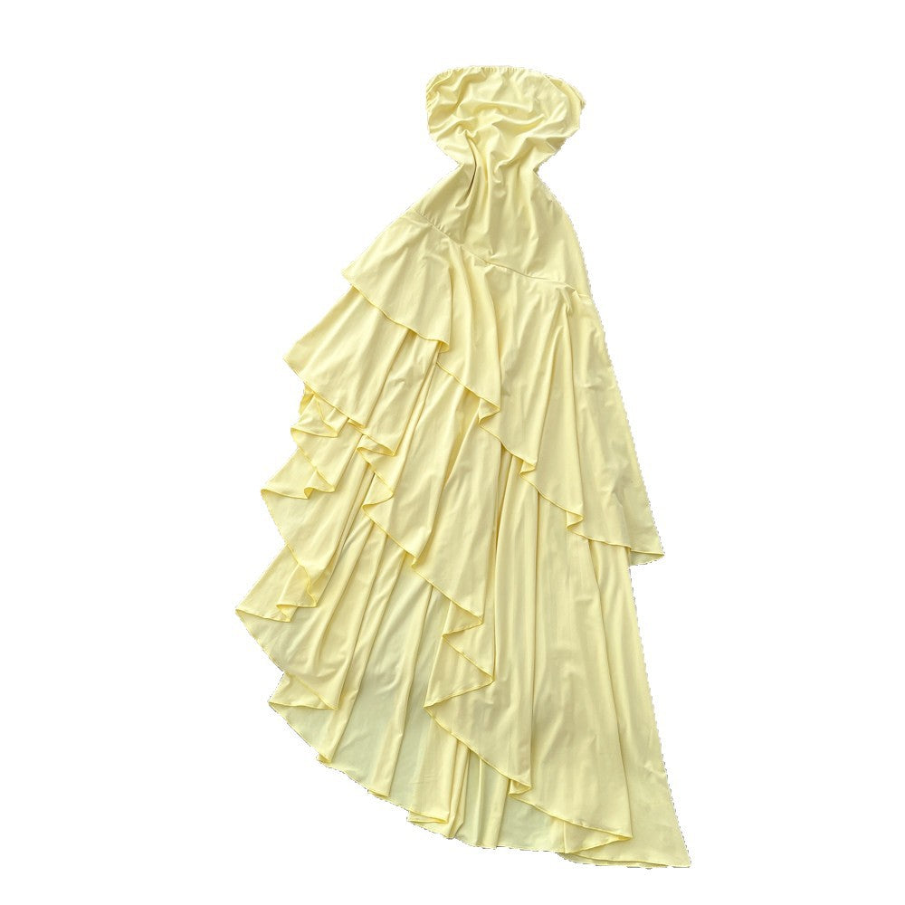 French riviera style bandeau asymmetrical dress - women's summer yellow ruffle hem maxi dress - slimming and chic