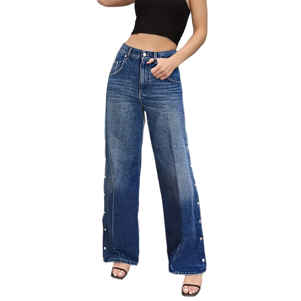 European and american style women's washed high-waisted button-front slit wide-leg jeans - long, button-down denim wide-leg pants