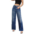 European and american style women's washed high-waisted button-front slit wide-leg jeans - long, button-down denim wide-leg pants