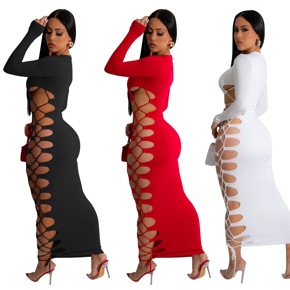 C6793 cross-border   fashion women's solid color round neck sexy tie-up maxi dress
