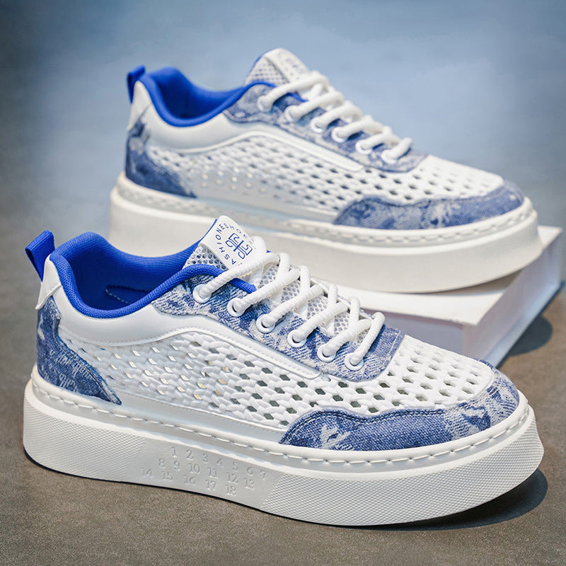 Men's summer breathable woven mesh versatile athletic casual trendy shoes - men's anti-slip thick-soled height-increasing white sneakers