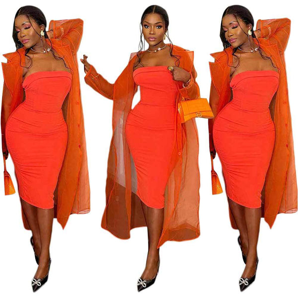 S390408 Cross-border European and American  women's clothing spring and autumn sexy organza long-sleeved single-breasted long coat women