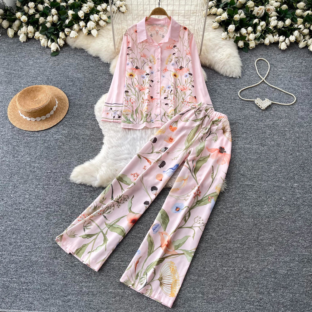 Korean style commute chic floral print two-piece set: women's autumn polo shirt and wide-leg pants outfit