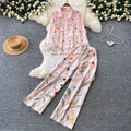 Korean style commute chic floral print two-piece set: women's autumn polo shirt and wide-leg pants outfit