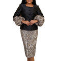 Elegant patchwork suit skirt square neck silm plate button leopard print lantern sleeve satin dress two-piece setset