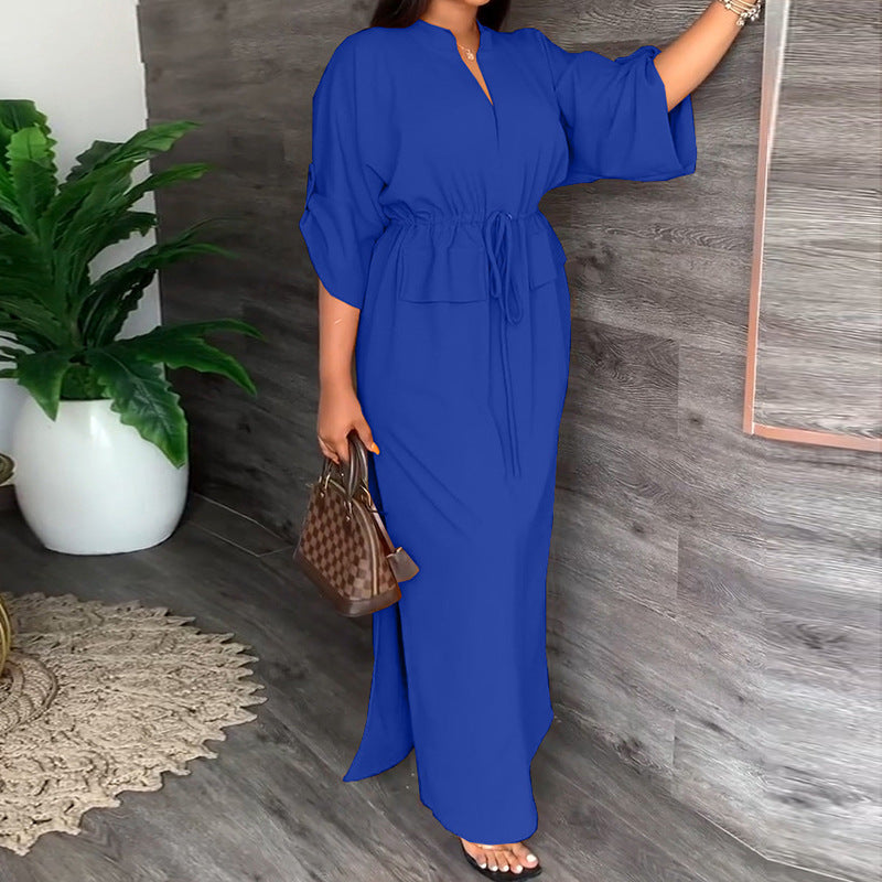 cross-border e-commerce women's fashion: european and american summer new arrivals - elegant, chic, solid color high-waisted tie-waist dress