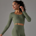 New arrival cross-border seamless pure color dotted stripes t-shirt high elastic low collar abdominal shaping yoga wear long sleevestops women
