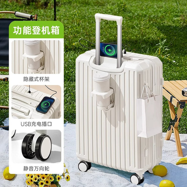 2025 new men's and women's multi-functional suitcase USB charging suitcase water cup holder silent universal wheel advanced sense
