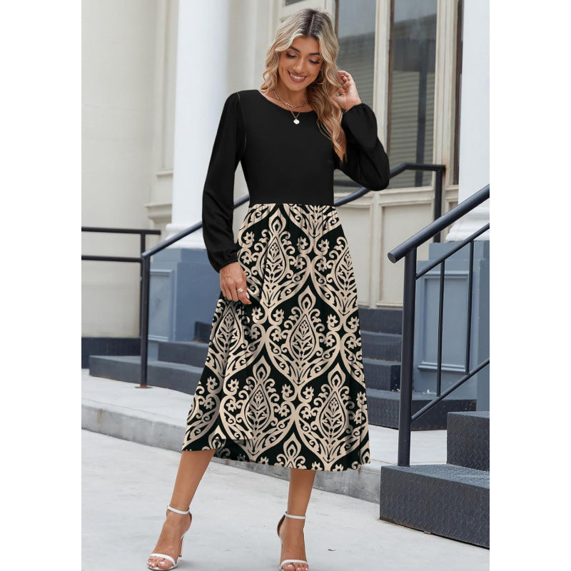 fall/winter women's long-sleeve casual flowy a-line bohemian midi dress