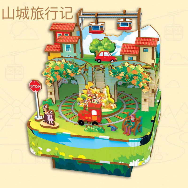 Cross-border export wooden splicing linkage scene educational toy fun smooth wood boy girl wooden music box