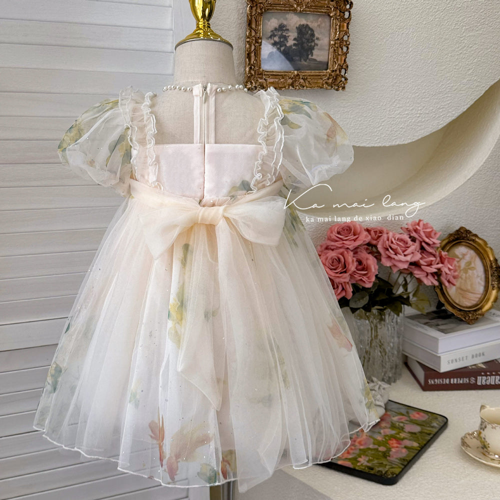 summer girls' dress - sweet floral print, bubble sleeves, formal dress, everyday satin ribbon princess dress - clearance sale (limited sizes available)