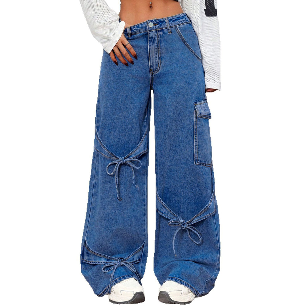 e-commerce  us & european design bow tie workwear style jeans women's casual straight-leg pants wide-leg pants