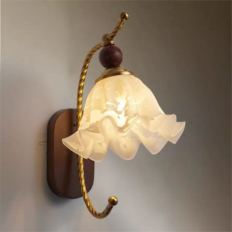 French-style wall lamp, vintage-inspired, for bedroom bedside, living room, hallway, or entryway accent wall. retro walnut finish, eye-friendly wall sconce