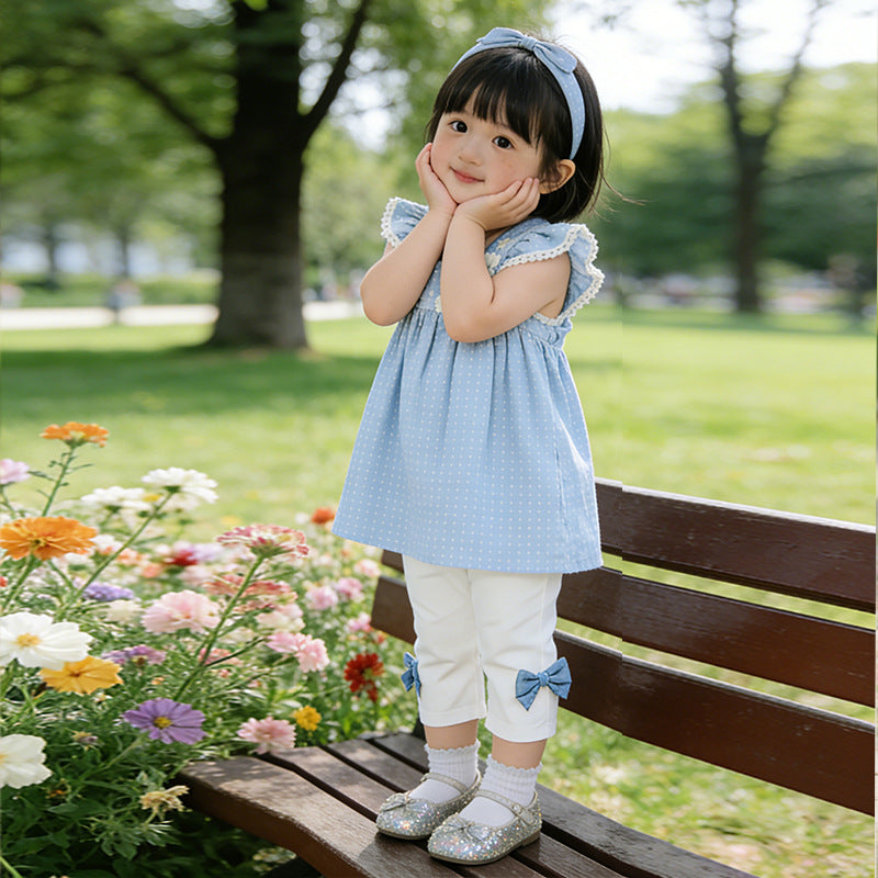 Kids' korean style summer outfit set - girls' flutter sleeve pure cotton chic top and summer clothes -  new collection
