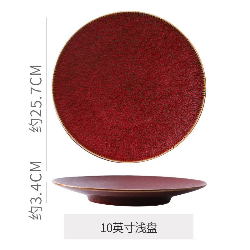 Kiln-turned japanese retro ceramic plate restaurant hotel classystylish western food plate steak plate ceramic shallow round plate