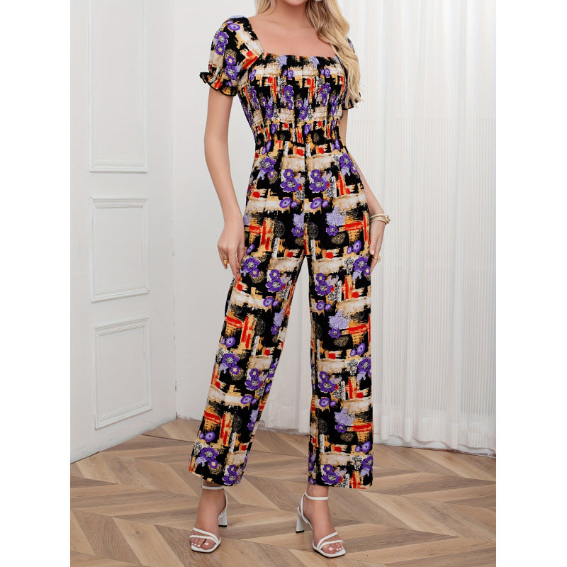 code new arrival  women's original fashion bohemia square neck printing jumpsuit