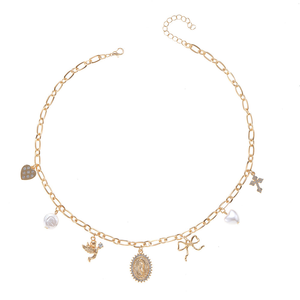 Imitation pearl bow necklace wholesale european and american cross-border portrait relief niche irregular cross clavicle chain for women