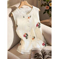 Women's new summer french chic embroidered sleeveless blouse with open front and collar – perfect for office and commuting