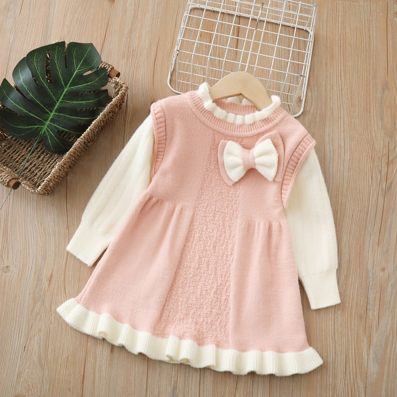 Girlsweaterlong skirtfall and winter new new year's greeting style bows christmas skirt children's dress