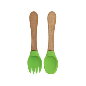 Factory direct sales silicone wooden handle complementary food fork and spoon  baby spoon baby training eating fork and spoon set wholesale