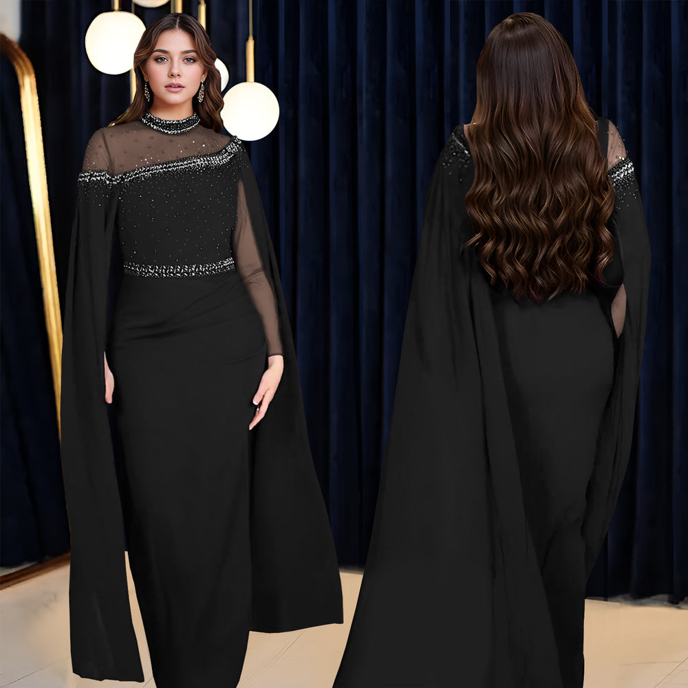 C7280 cross-border fashion evening gown dress: european & american style, chiffon & mesh paneling, heavily embellished with hotfix rhinestones & beaded appliqués, featuring trendy cape sleeves