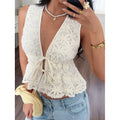 Women's 3d floral v-neck sleeveless ruched waist tie-up ruffle top, perfect for a gentle and chic work-to-weekend look