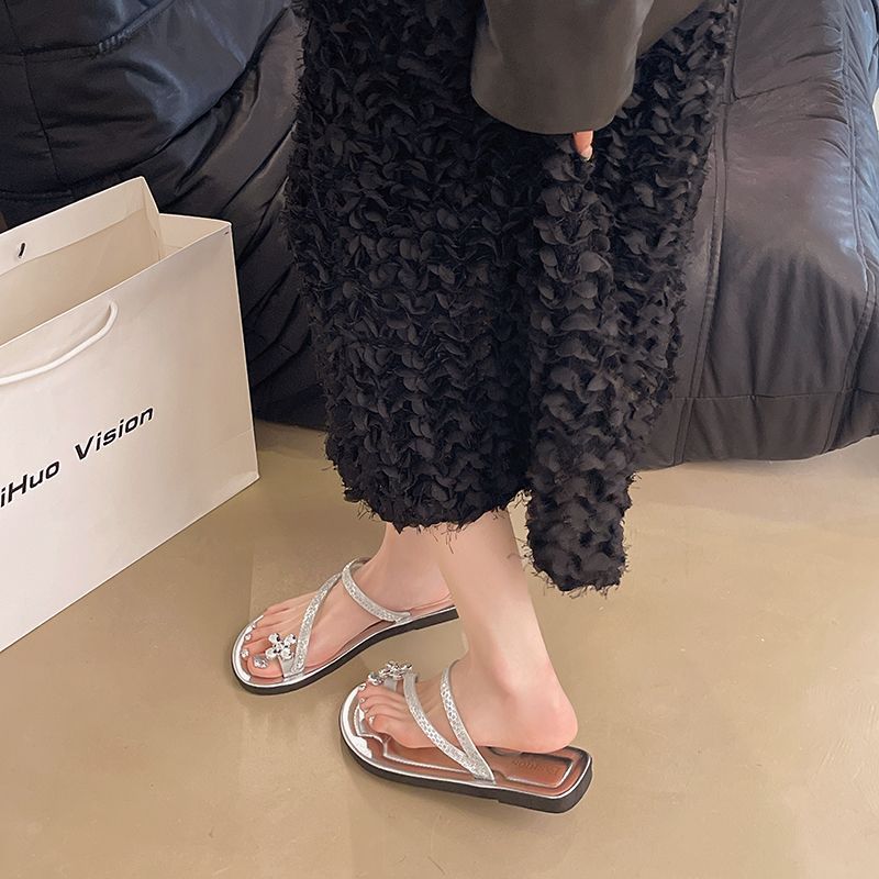 2025 summer new fashion design silver thong sandals women's outdoor wear sparkling rhinestone fairy style with skirt sandals