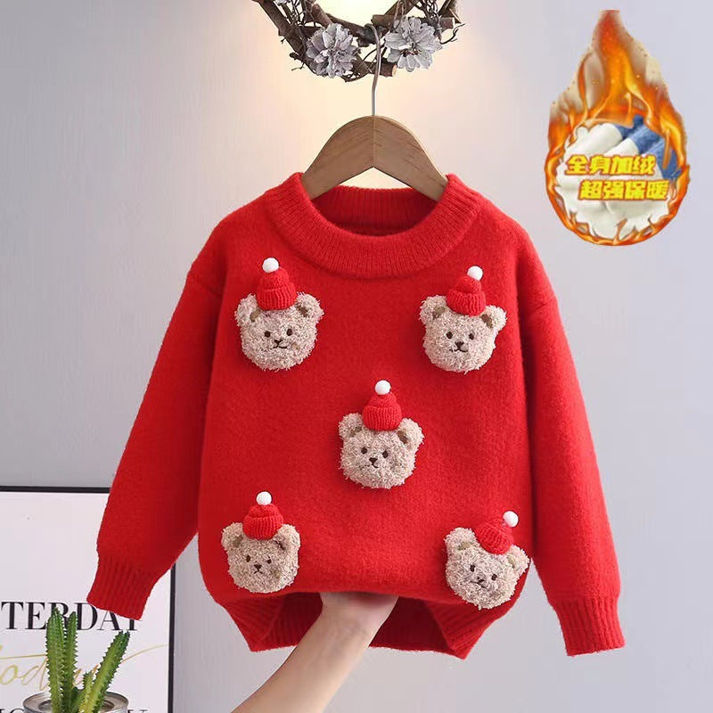 Christmas kids' sweater - korean velvet thickened, cartoon bear hand-knitted base layer for boys and girls
