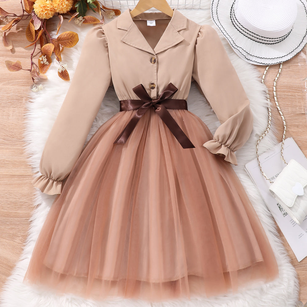 new girls' long-sleeve turn-down collar solid color mesh dress with woven belt