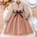 new girls' long-sleeve turn-down collar solid color mesh dress with woven belt