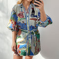 cross-border  women's clothing: summer new linen casual printed shirt cardigan tie-up dress for women