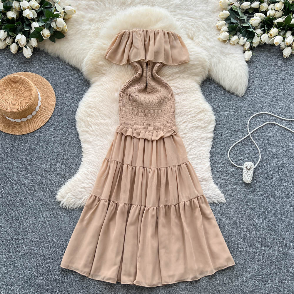 French goddess style one-shoulder ruffle trim spliced dress - slim fit, figure-flattering, elegant vacation maxi dress