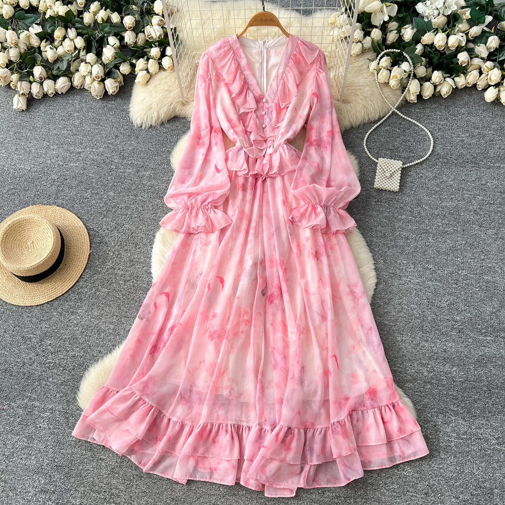 Romantic v-neck lantern sleeve printed dress - women's summer slimming mesh ruffle maxi dress