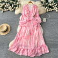 Romantic v-neck lantern sleeve printed dress - women's summer slimming mesh ruffle maxi dress