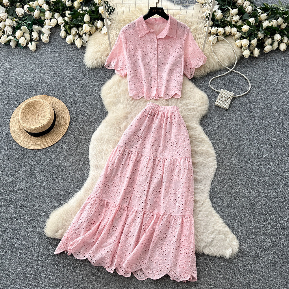 Vacation style pink cut outlacetwo-piece set women's summer short-sleeved intellectual high waistslimming lookwork clothingelegantsuit