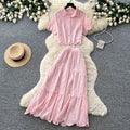 Vacation style pink cut outlacetwo-piece set women's summer short-sleeved intellectual high waistslimming lookwork clothingelegantsuit