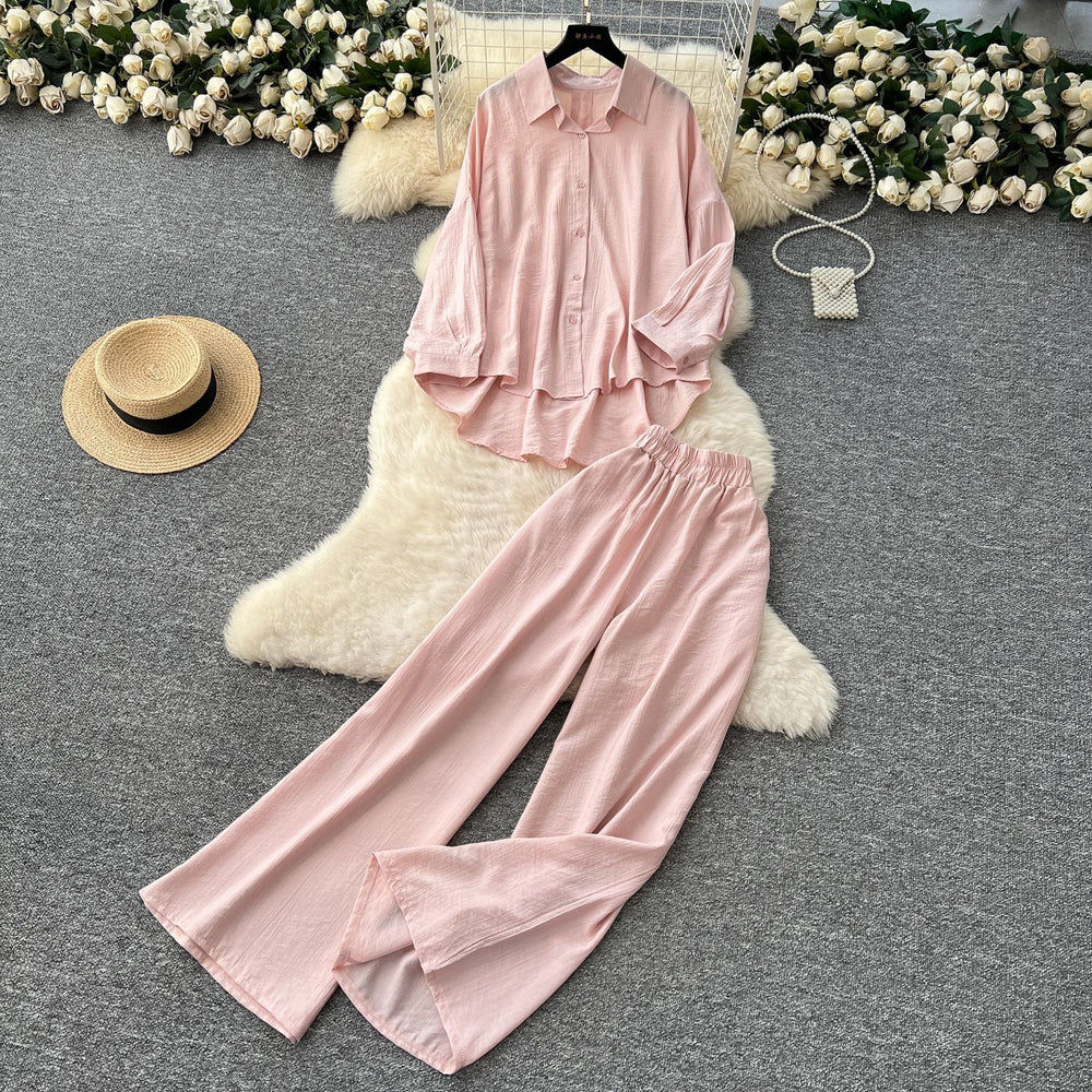Casual fashionablesuit women's lazy style sense of designasymmetricallong sleevesshirthigh waistloose pantsstraight-leg pantstwo-piece set