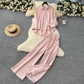 Casual fashionablesuit women's lazy style sense of designasymmetricallong sleevesshirthigh waistloose pantsstraight-leg pantstwo-piece set