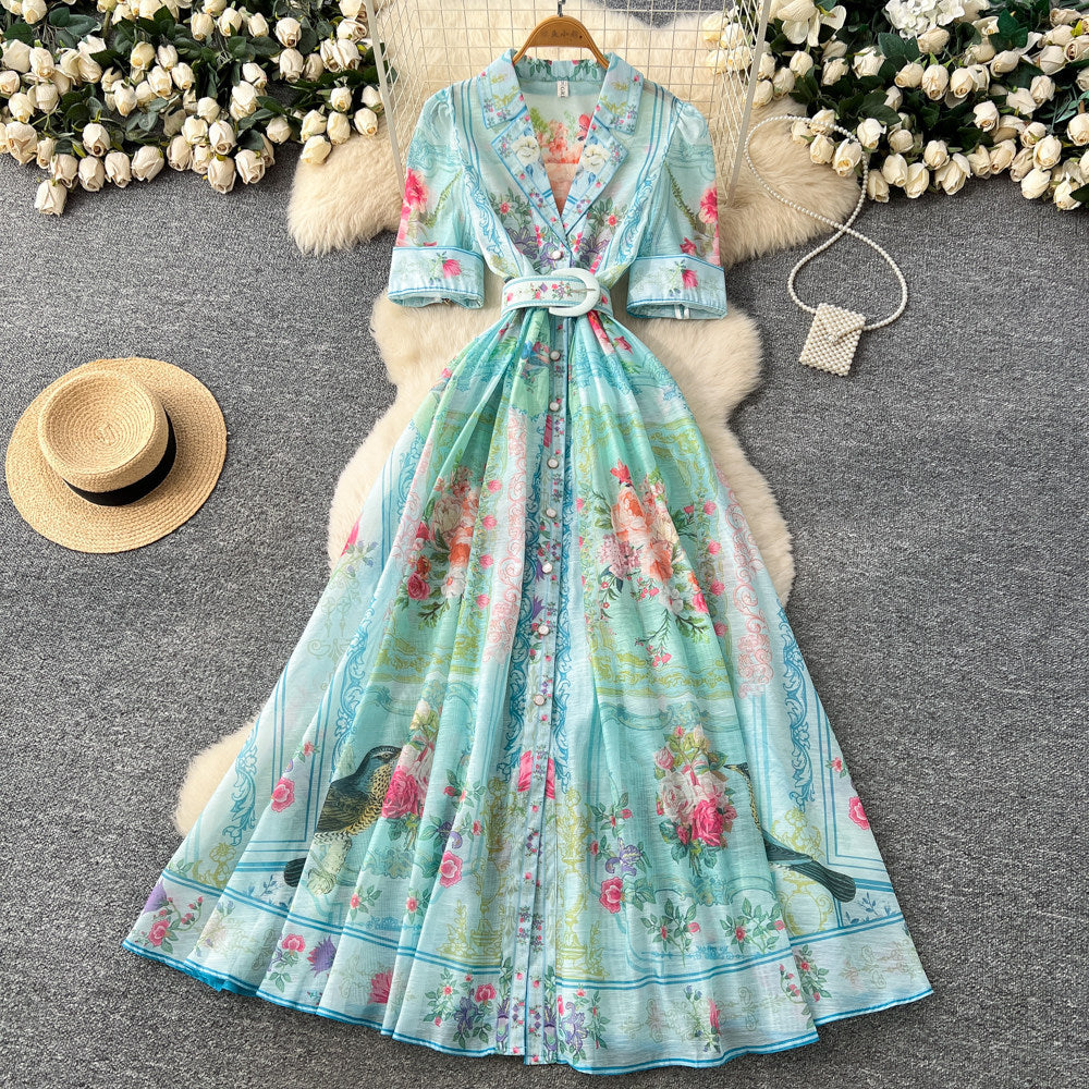 Frenchretro lapel printing short-sleeved dress women's summerv neck waist slimming look a-line long skirt holiday style large skirt