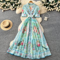 Frenchretro lapel printing short-sleeved dress women's summerv neck waist slimming look a-line long skirt holiday style large skirt