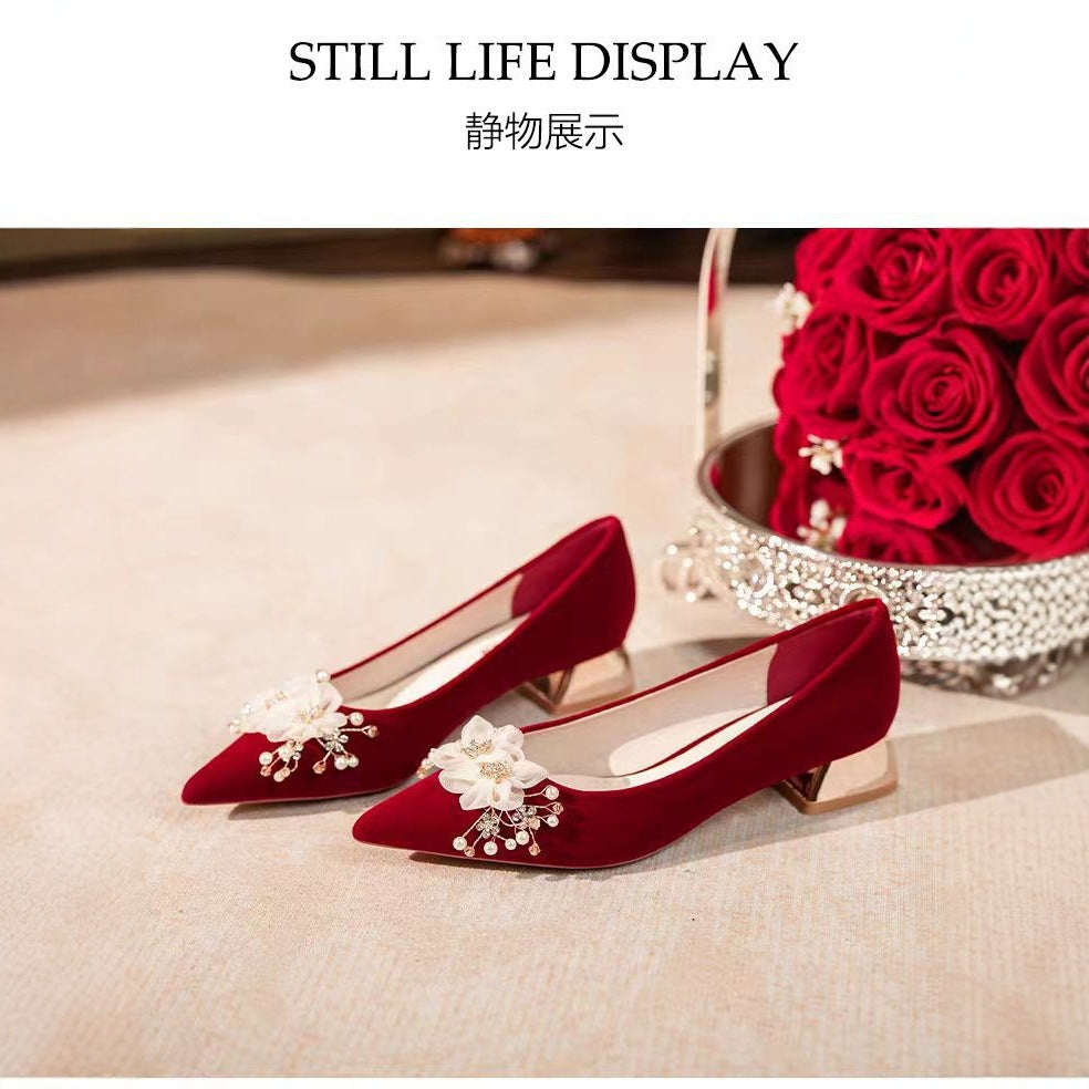 2025 new bridal shoes - red high heels, show-hé style wedding shoes, convertible pearl & floral design, perfect for wedding banquets
