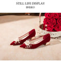 2025 new bridal shoes - red high heels, show-hé style wedding shoes, convertible pearl & floral design, perfect for wedding banquets