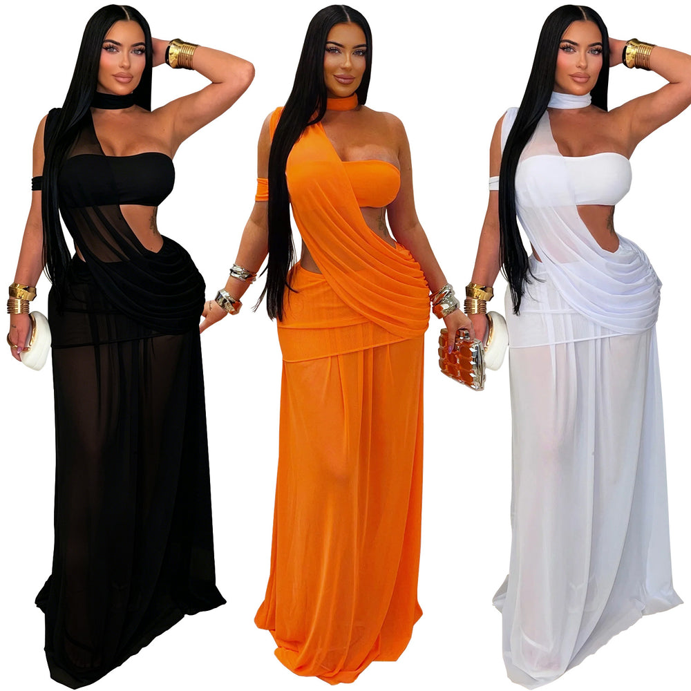 C7726 cross-border   fashion women's sexy mesh see-through bodycon mini dress