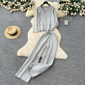 European style chic geometric print set - women's autumn premium round neck metal buckle long sleeve knit top & high waist pants