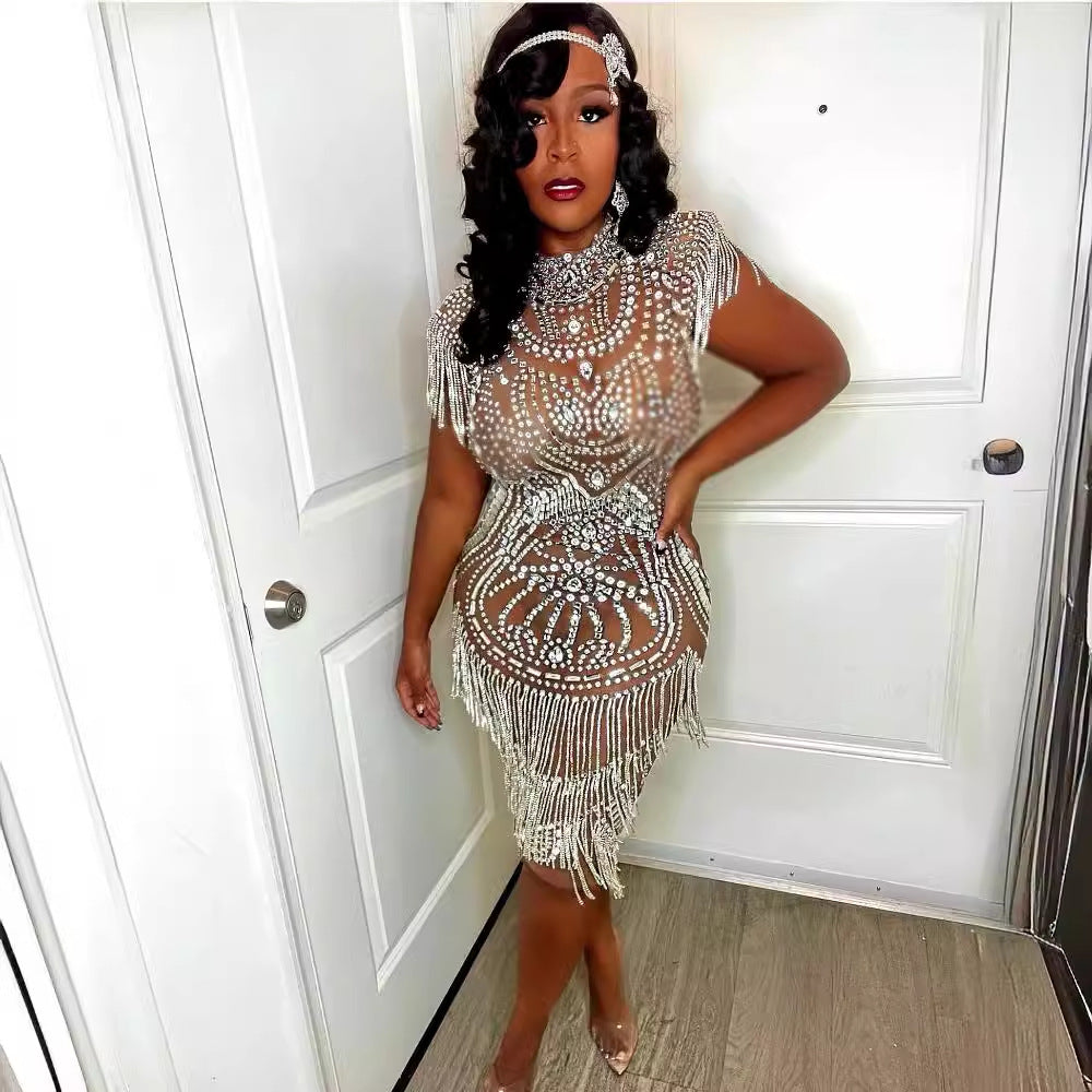 supply elastic mesh hot diamond rhinestone tassel sexy silmcustom performance costume evening dress