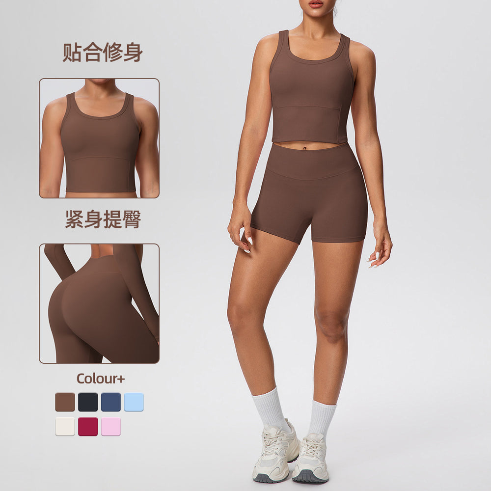 New arrival: cross-border double-sided brushed solid color breathable tank top and shorts yoga set - activewear two-piece for running and fitness