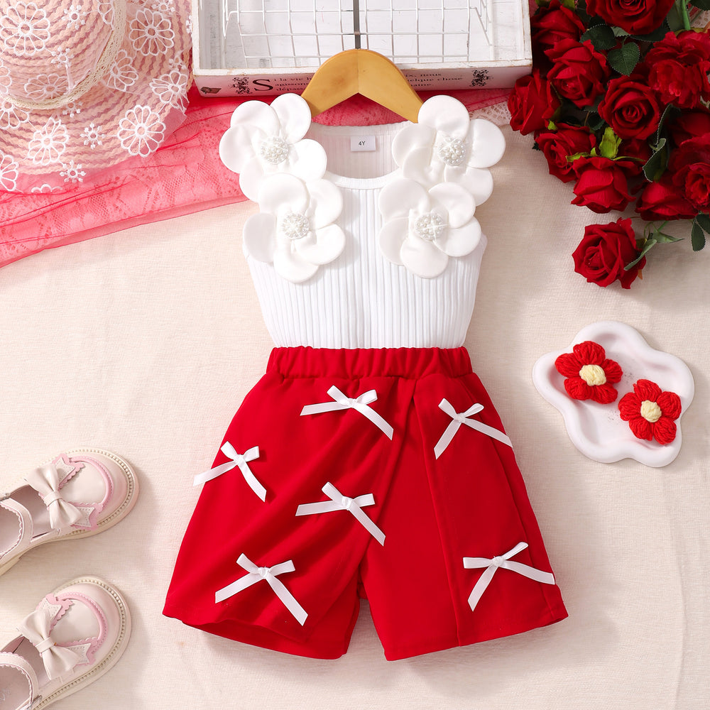 Girls' two-piece outfit: sleeveless top with pearl and flower embellishments + shorts set