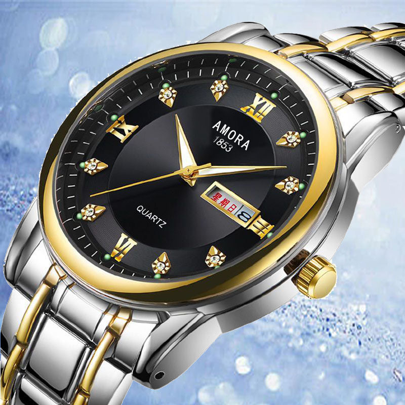 Xiangshiman fully automatic movement non-mechanical men watch double calendar luminous waterproof business steel wrist quartz watch