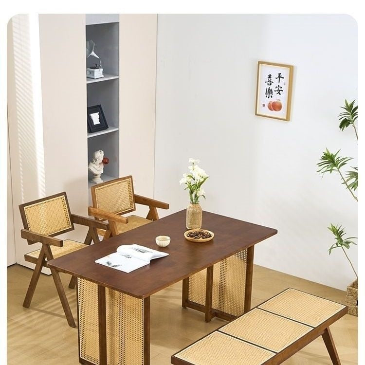 Japanese-style solid wood dining table, small apartment rattan woven table, minimalist rectangular b&b nordic dining table and chair set