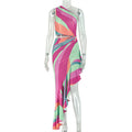 European and american style color block print women's one-shoulder rainbow bodycon dress with asymmetrical neckline - perfect for summer beachwear